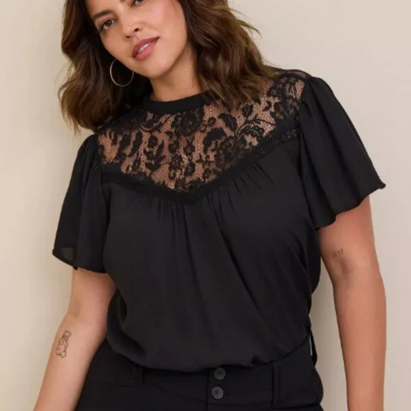 Torrid Georgette With Lace Detail Flutter Sleeve Black Top - Size 2 - Picture 1 of 12